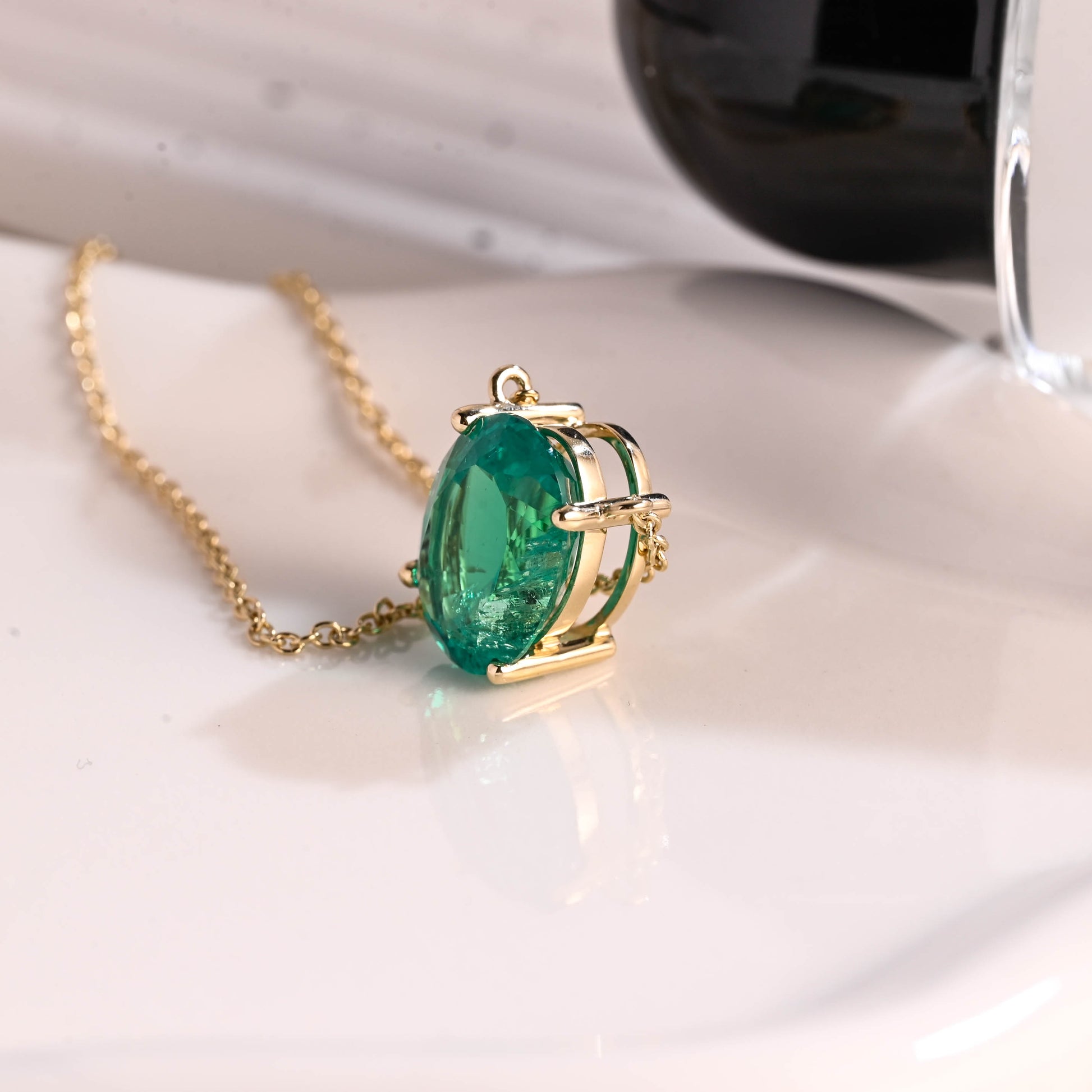 Solid Gold Solitaire Oval Cut Lab Emerald Pendant Necklace