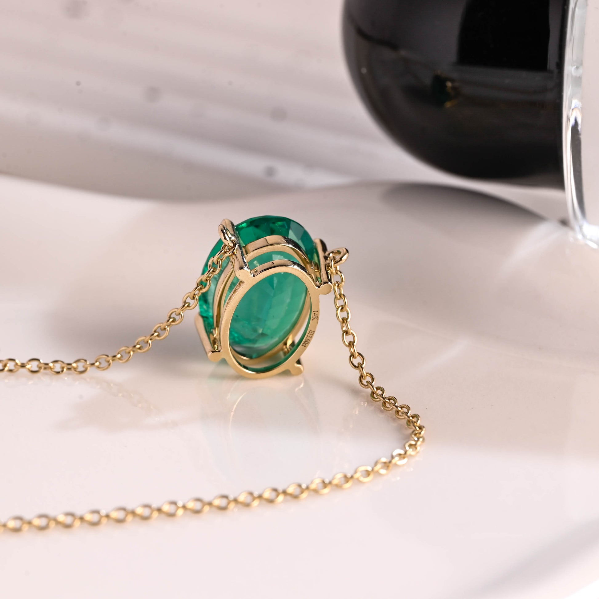 Solid Gold Solitaire Oval Cut Lab Emerald Pendant Necklace