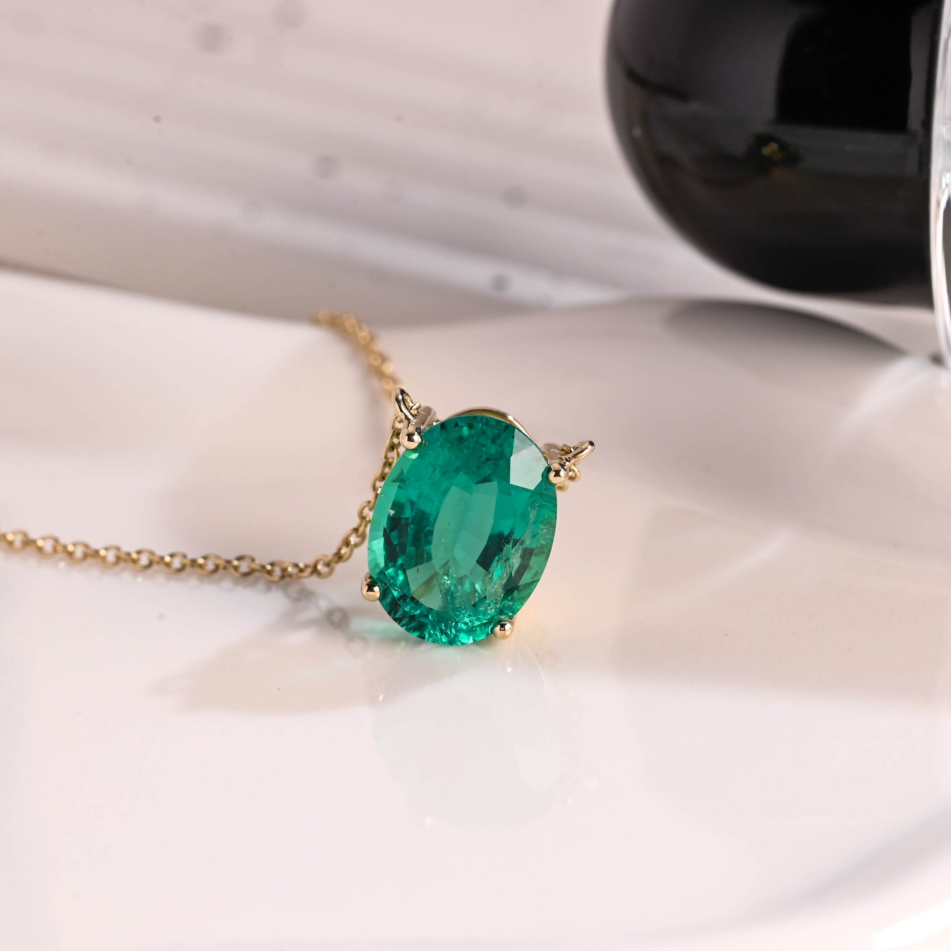 Solid Gold Solitaire Oval Cut Lab Emerald Pendant Necklace