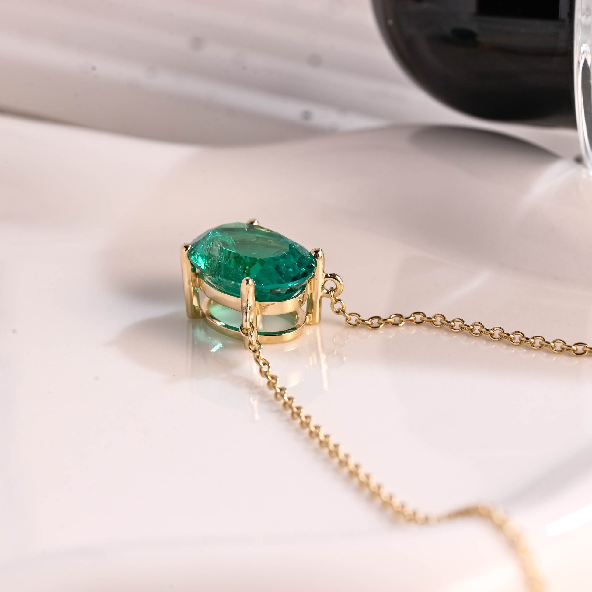 Solid Gold Solitaire Oval Cut Lab Emerald Pendant Necklace