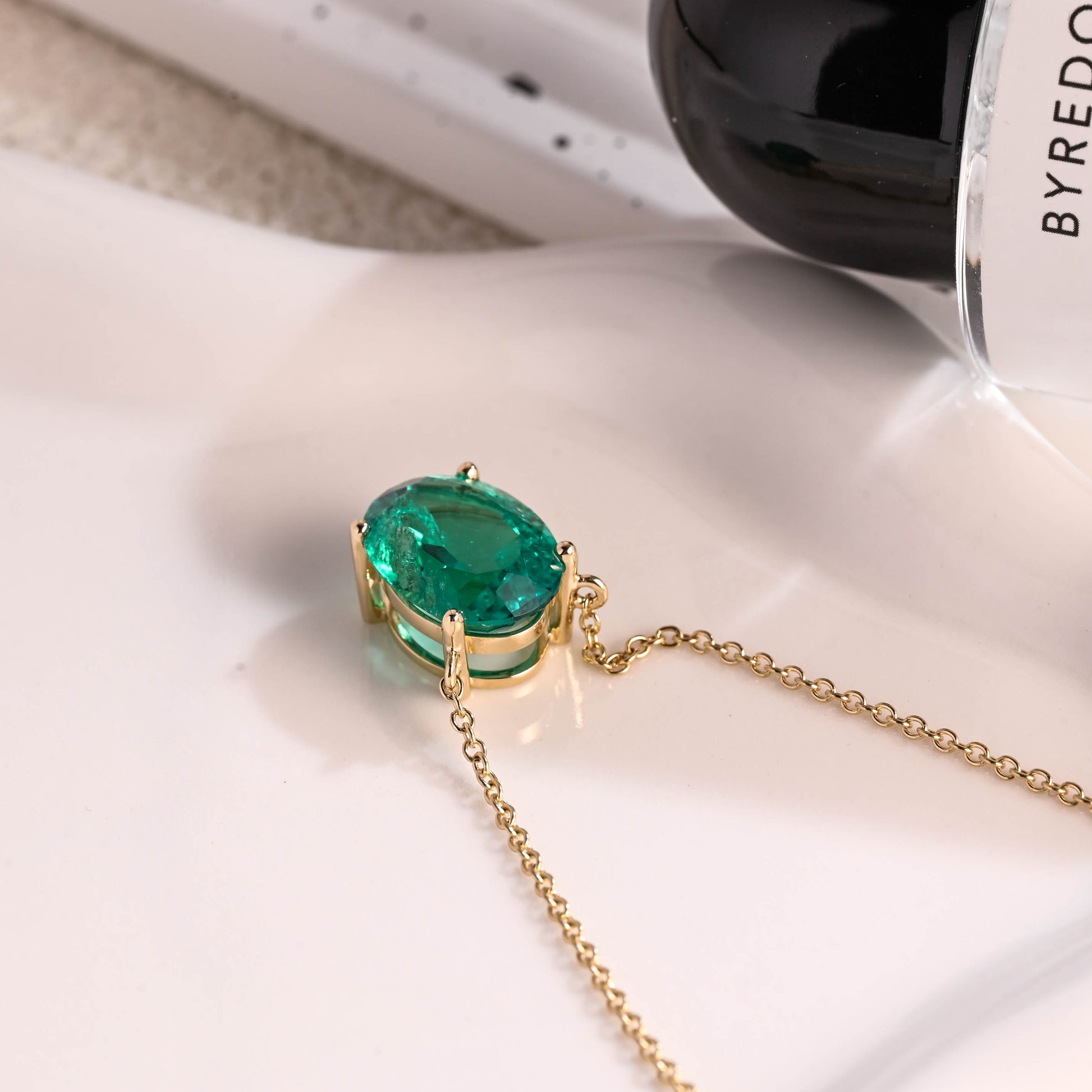 Solid Gold Solitaire Oval Cut Lab Emerald Pendant Necklace