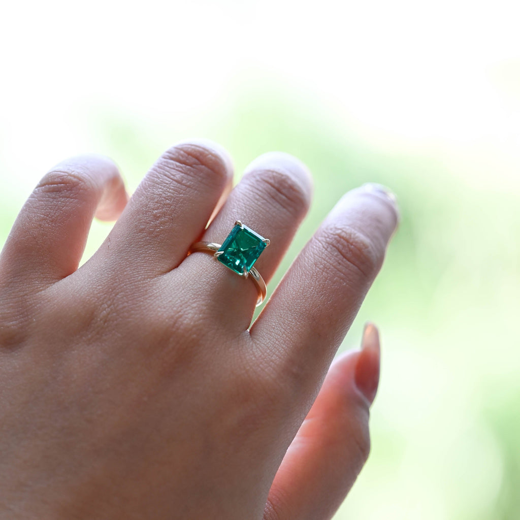 Solid Gold Solitaire Emerald Cut Lab Emerald Engagement Ring
