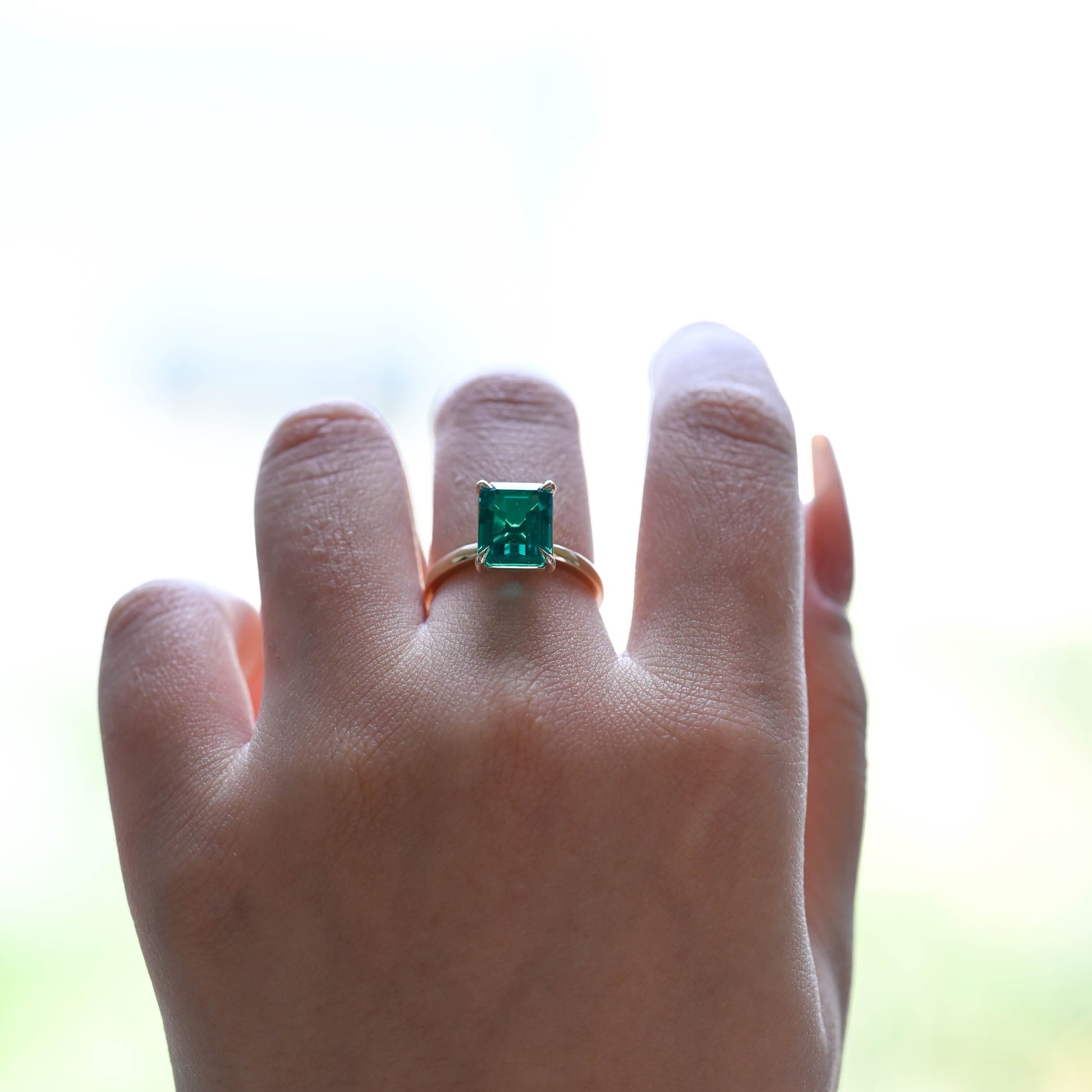 Solid Gold Solitaire Emerald Cut Lab Emerald Engagement Ring