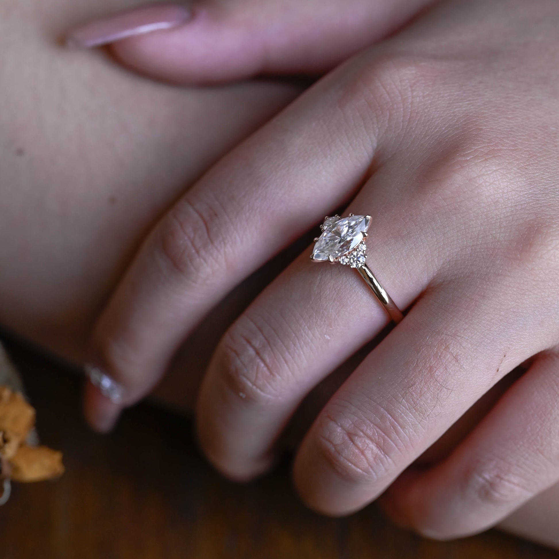 Solid Gold Three Stone Marquise Cut Moissanite Engagement Ring