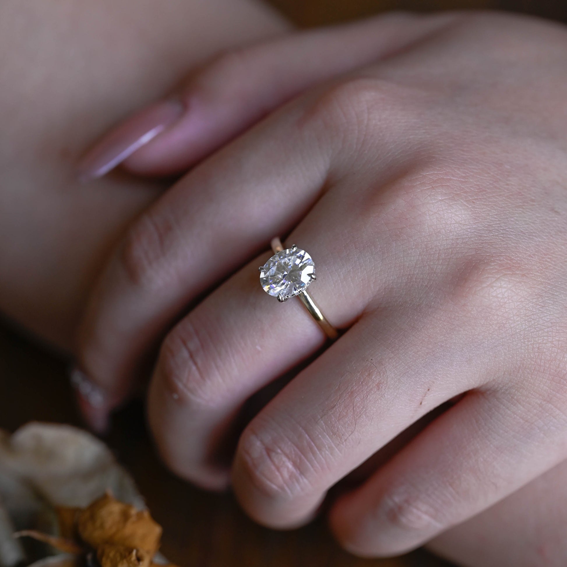 Solid Gold Two Tone Hidden Halo Oval Cut Moissanite Engagement Ring