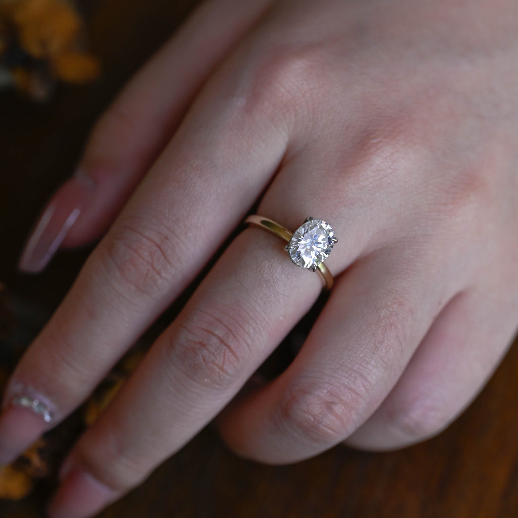 Solid Gold Two Tone Hidden Halo Oval Cut Moissanite Engagement Ring