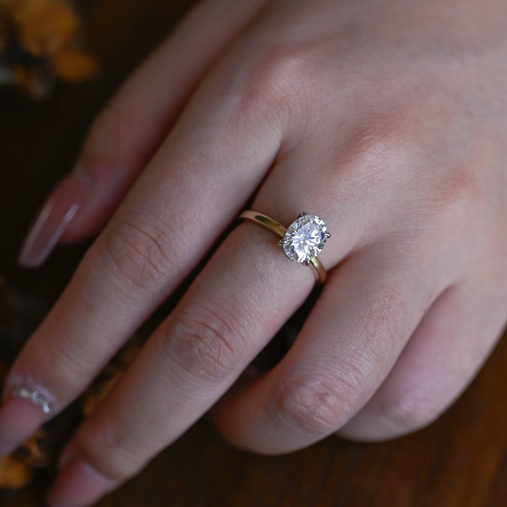 Solid Gold Two Tone Hidden Halo Oval Cut Moissanite Engagement Ring
