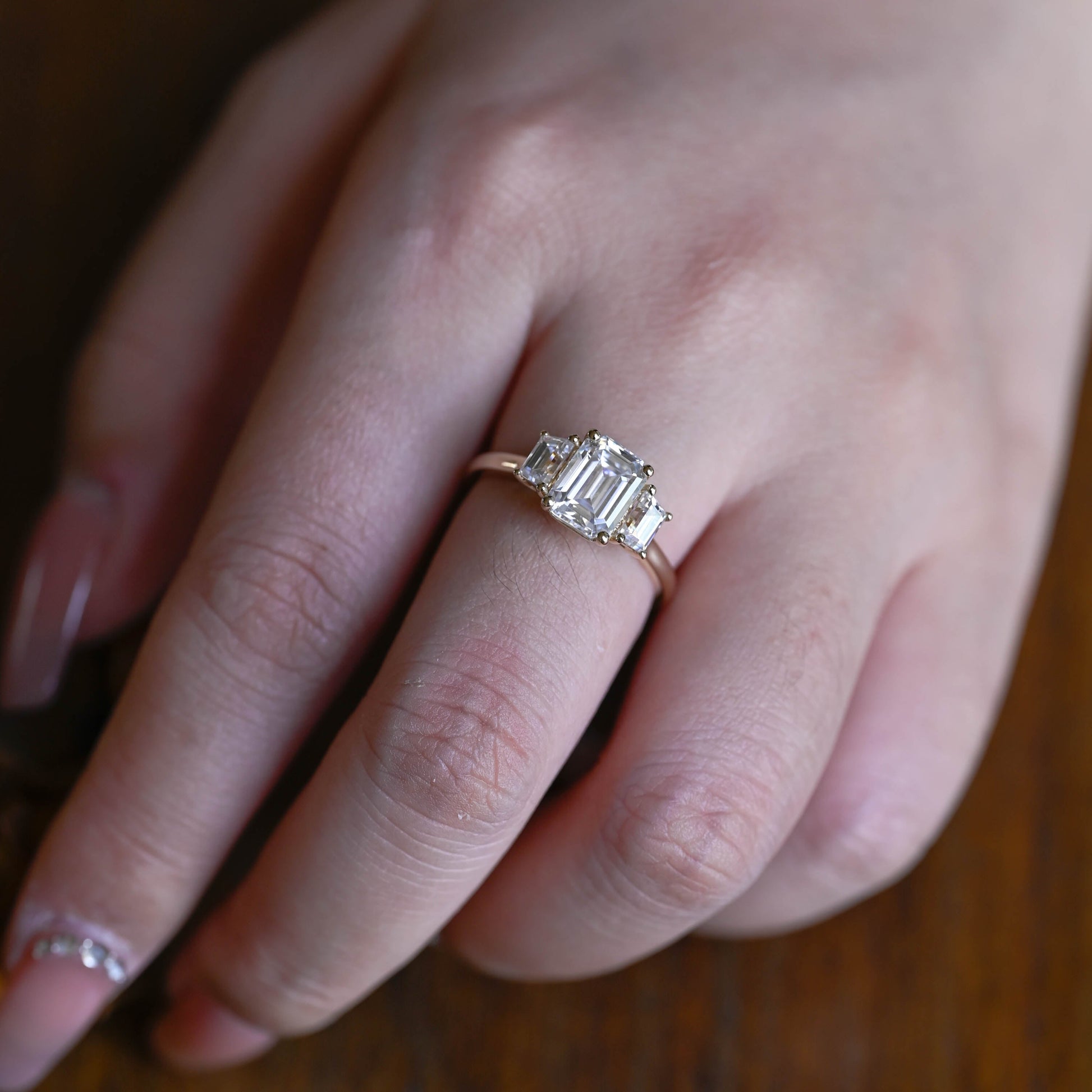 Solid Gold Three Stone Emerald Cut Moissanite Engagement Ring