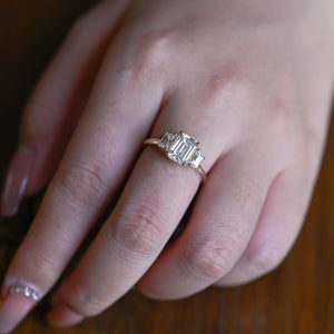 Solid Gold Three Stone Emerald Cut Moissanite Engagement Ring