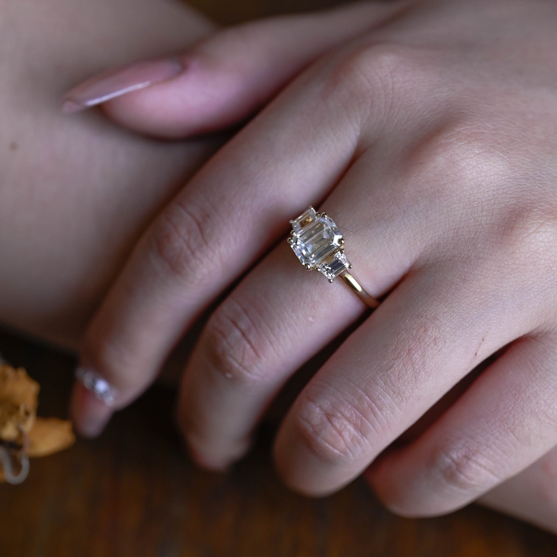 Solid Gold Three Stone Emerald Cut Moissanite Engagement Ring