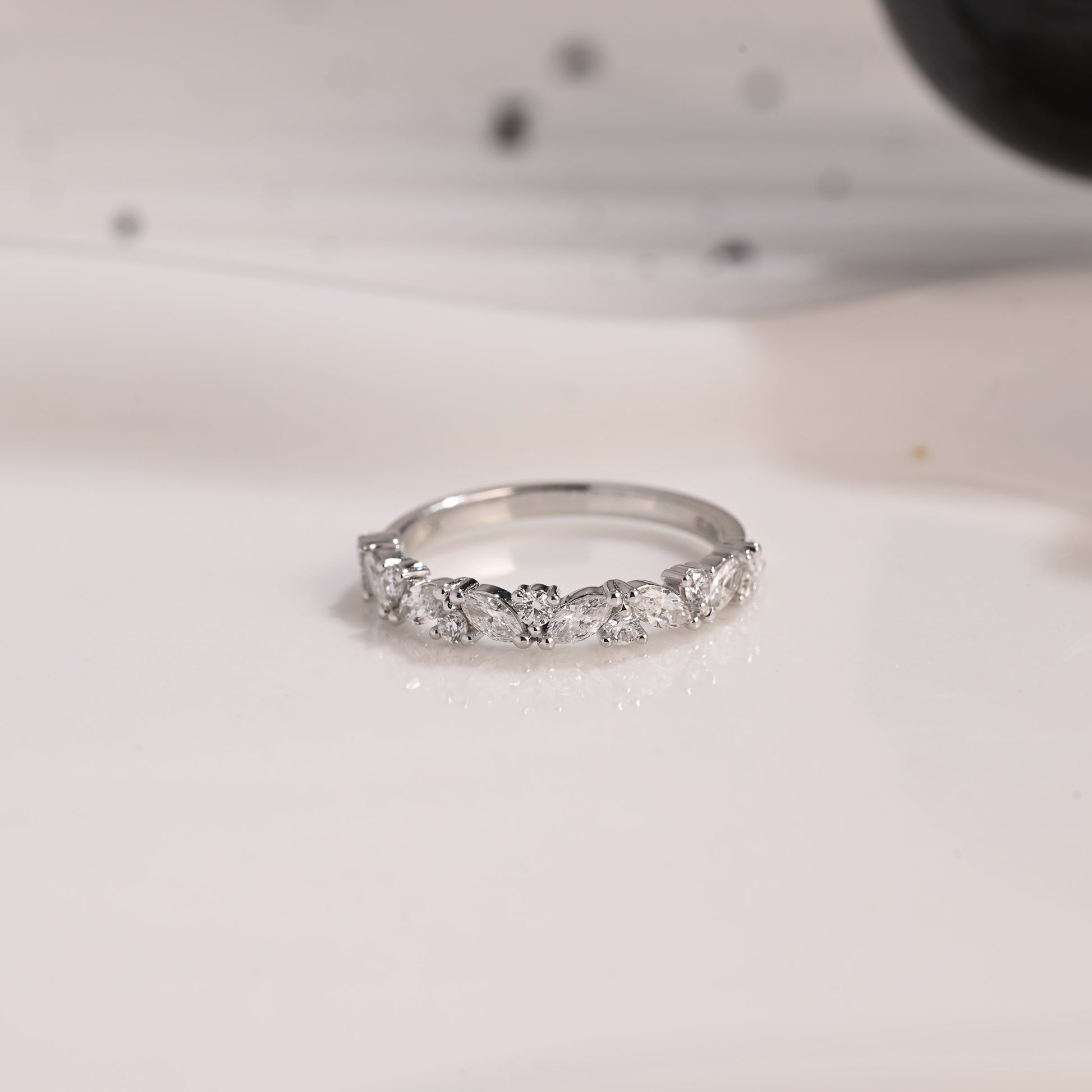 Solid Gold Half Eternity Marquise & Round Cut Moissanite Wedding Band