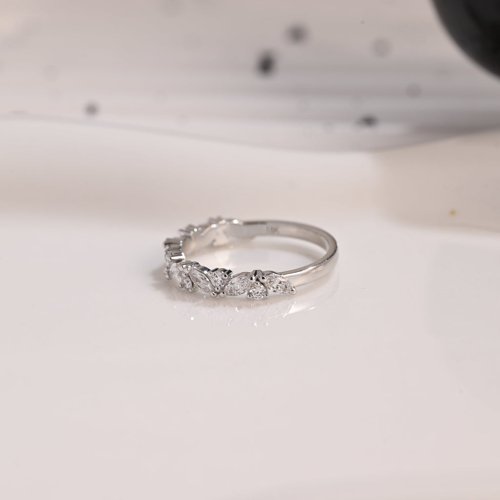 Solid Gold Half Eternity Marquise & Round Cut Moissanite Wedding Band