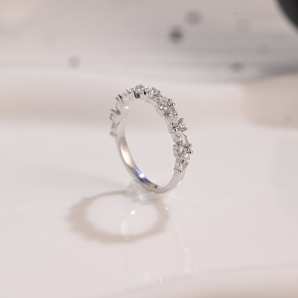 Solid Gold Half Eternity Marquise & Round Cut Moissanite Wedding Band
