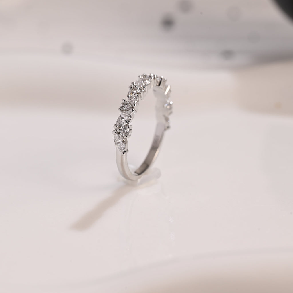 Solid Gold Half Eternity Marquise & Round Cut Moissanite Wedding Band