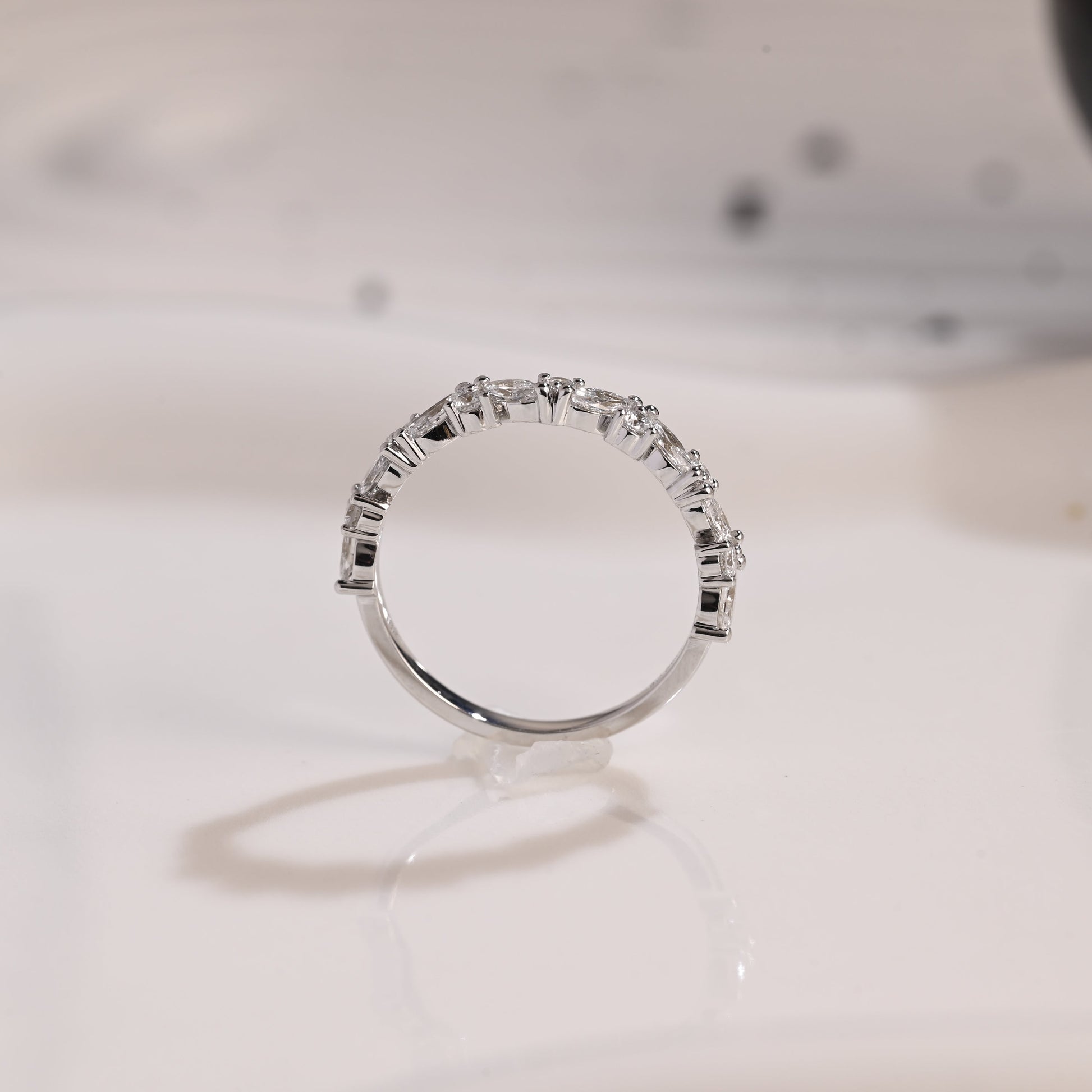 Solid Gold Half Eternity Marquise & Round Cut Moissanite Wedding Band