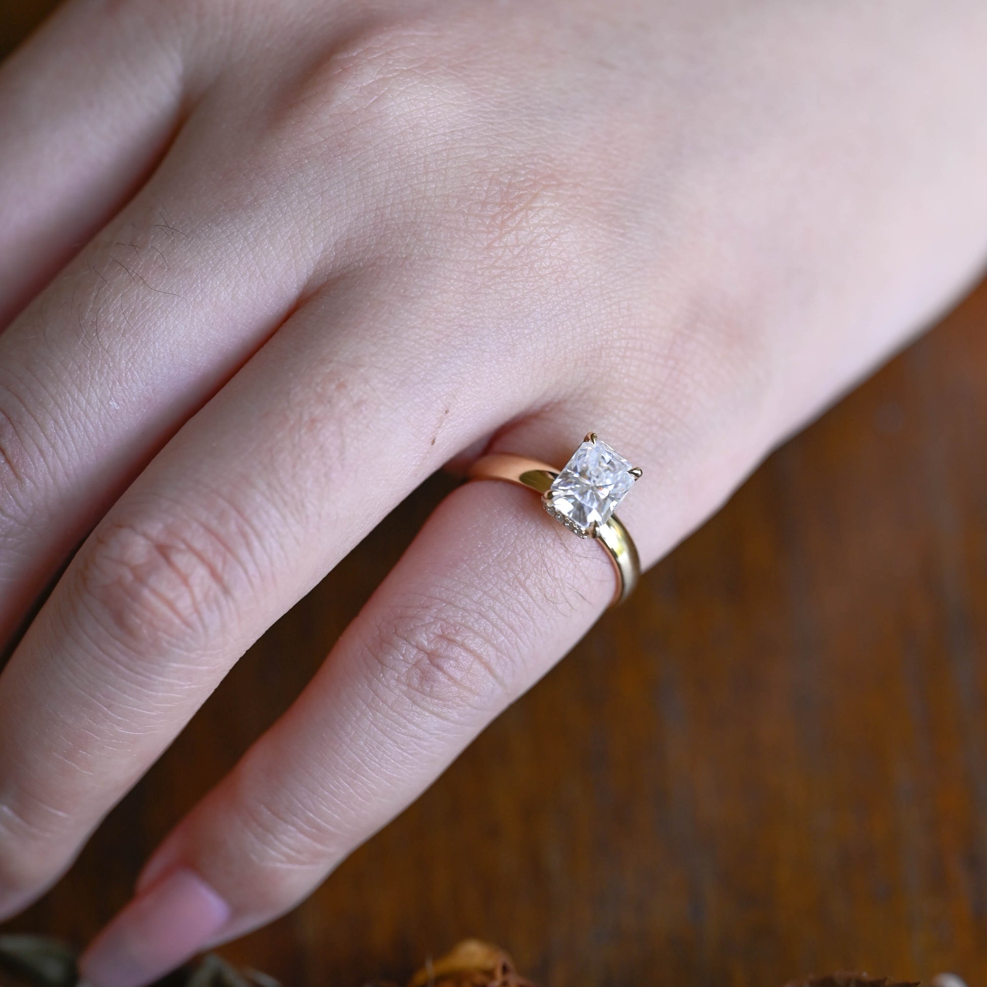 Solid Gold 3mm Width Hidden Halo Radiant Cut Moissanite Engagement Ring