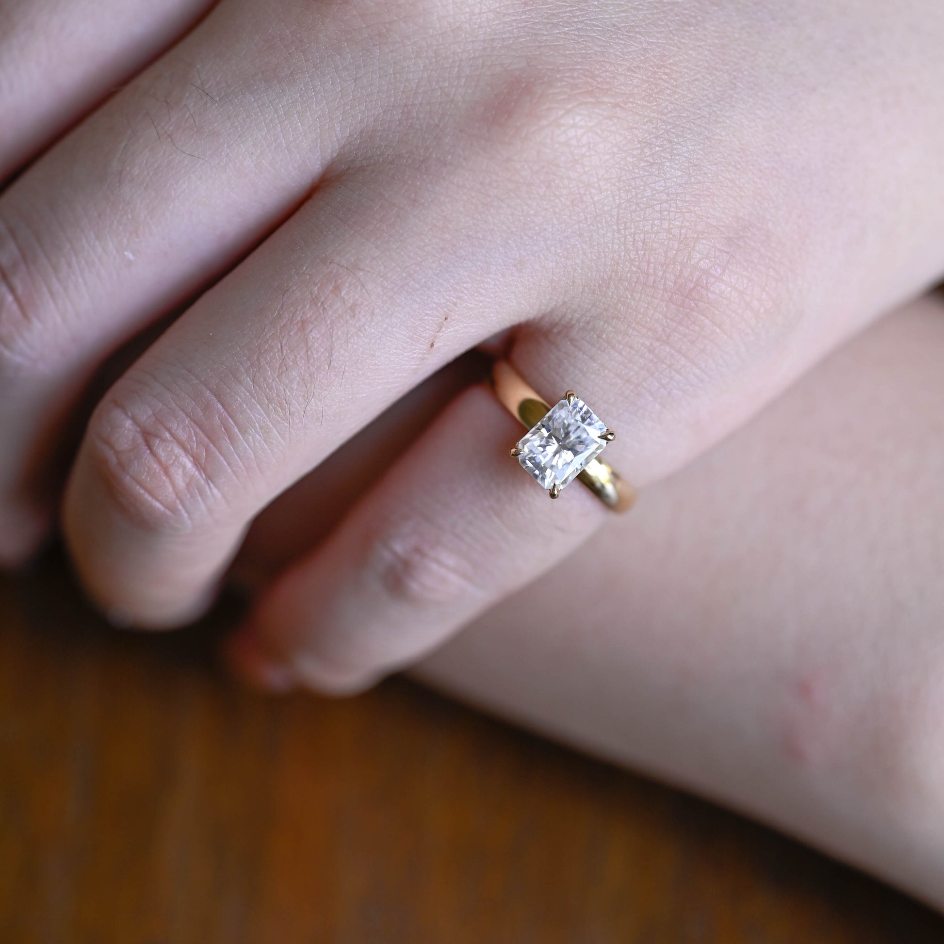 Solid Gold 3mm Width Hidden Halo Radiant Cut Moissanite Engagement Ring