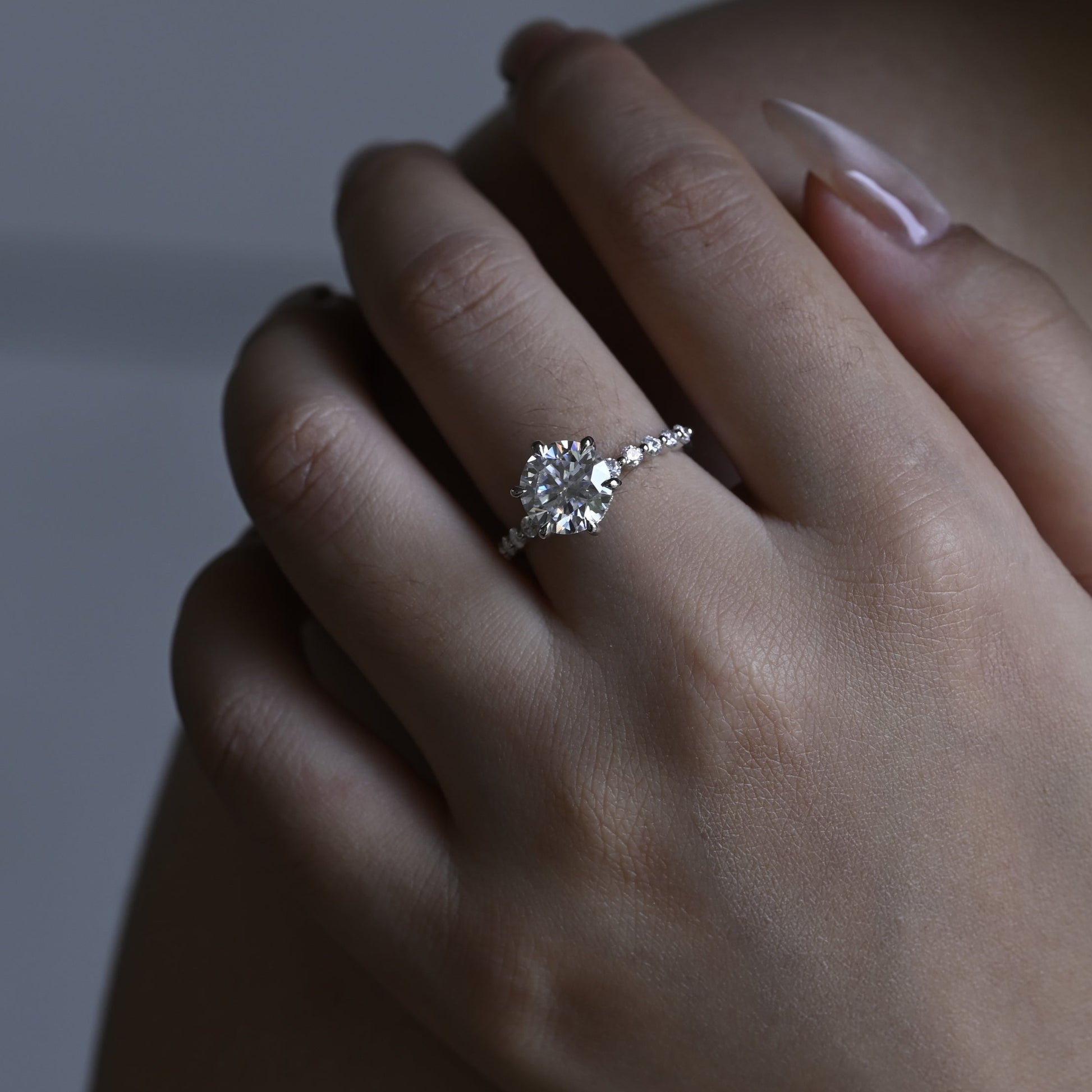 Solid Gold Hidden Halo Pave Round Moissanite Engagement Ring