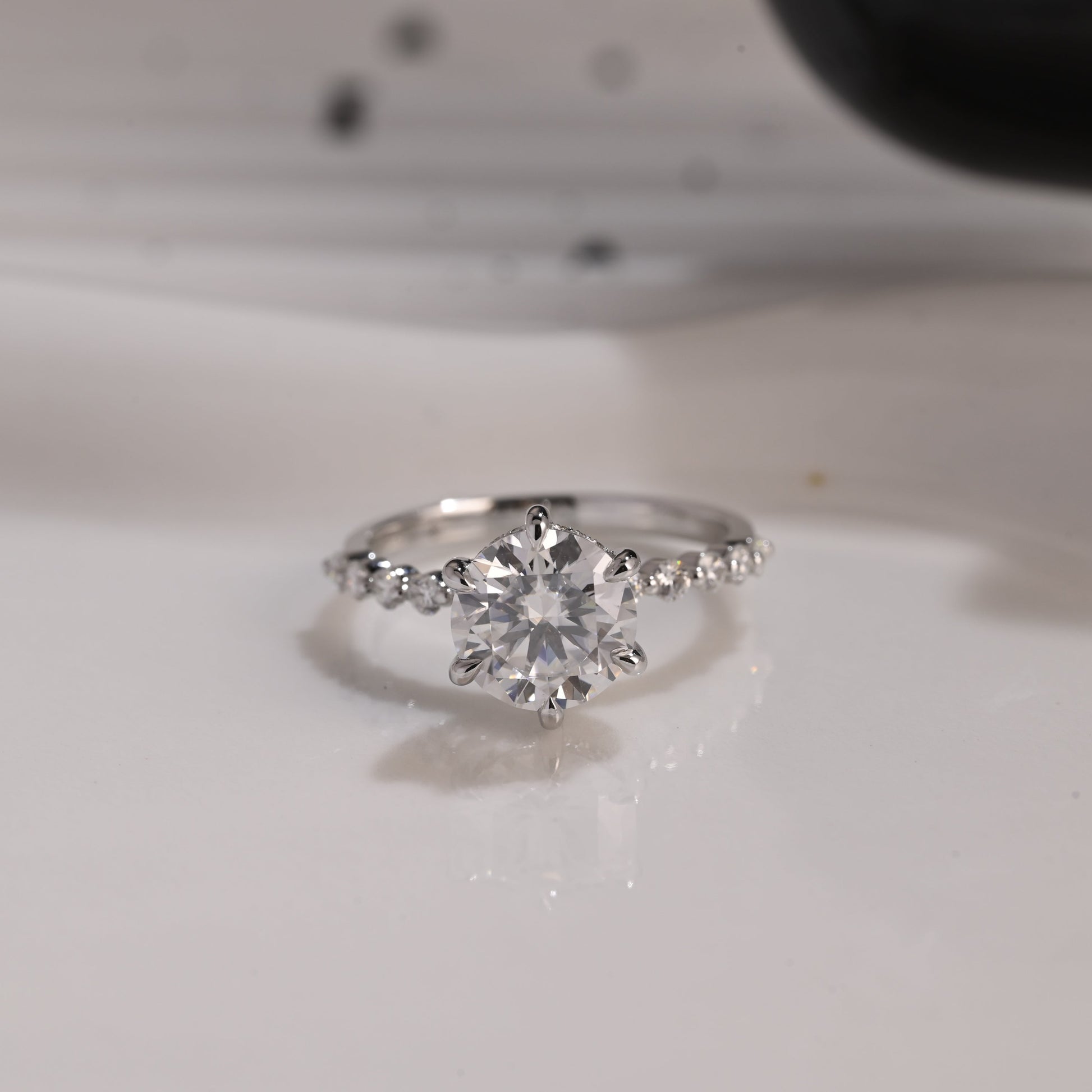 Solid Gold Hidden Halo Pave Round Moissanite Engagement Ring