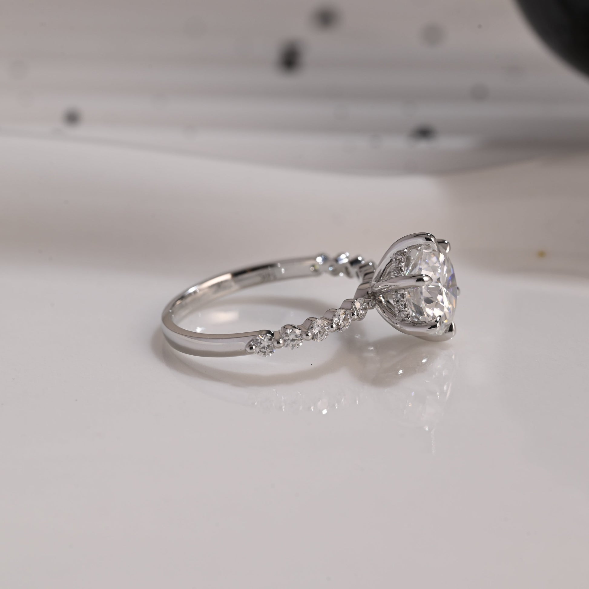 Solid Gold Hidden Halo Pave Round Moissanite Engagement Ring