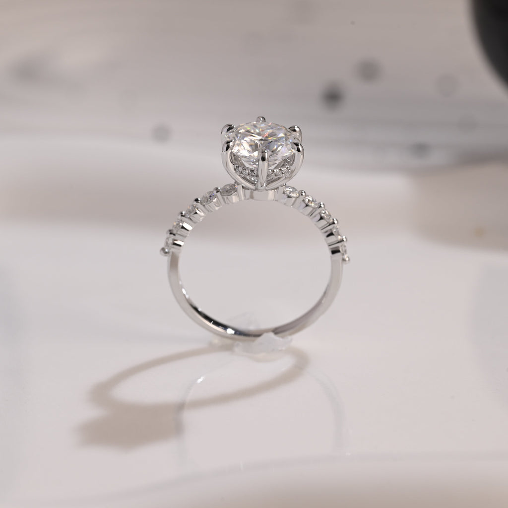 Solid Gold Hidden Halo Pave Round Moissanite Engagement Ring