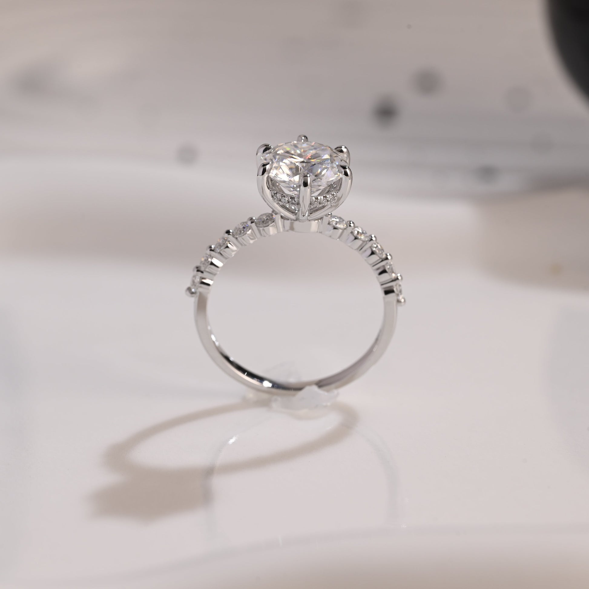 Solid Gold Hidden Halo Pave Round Moissanite Engagement Ring