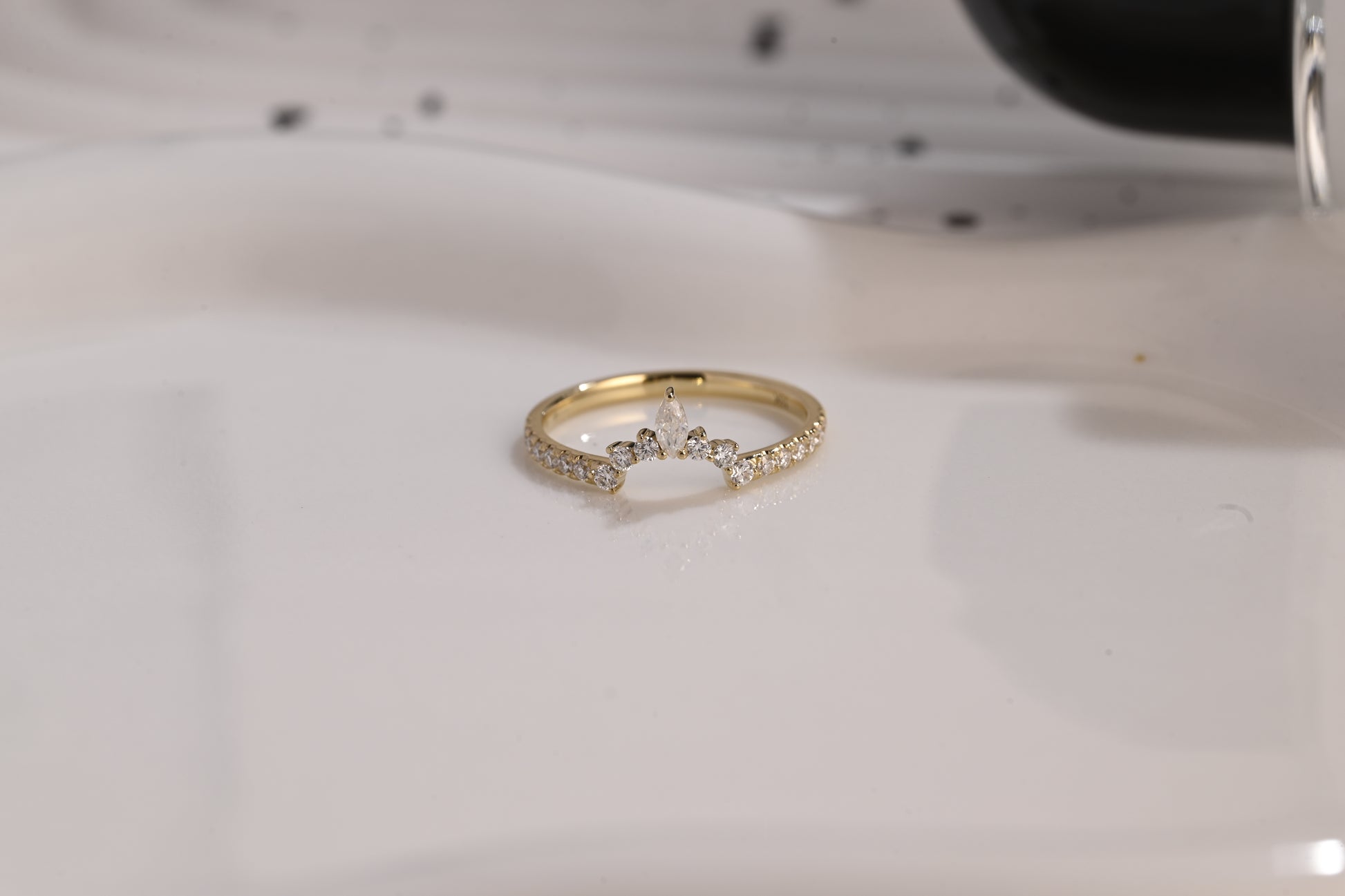 Solid Gold Half Eternity Wedding Band Crown Ring, Curved Wedding Ring, Marquise & Round Moissanite Ring Band, Gold Matching Band, Gift Women