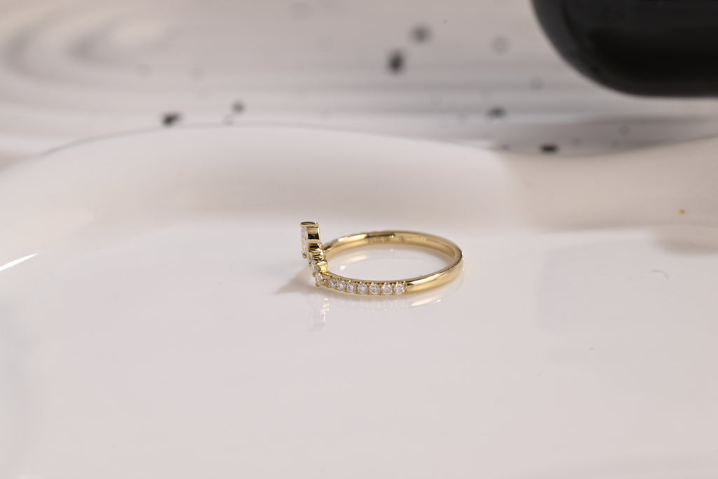 Solid Gold Half Eternity Wedding Band Crown Ring, Curved Wedding Ring, Marquise & Round Moissanite Ring Band, Gold Matching Band, Gift Women