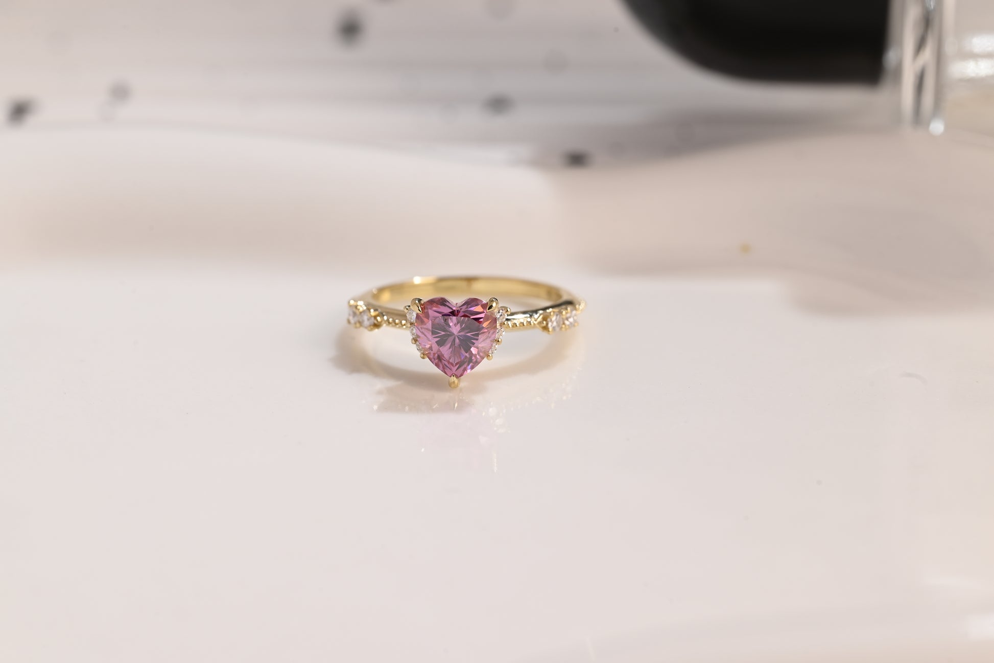 Solid Gold Milgrain Heart Cut Pink Moissanite Engagement Ring, Vintage Promise Ring, Proposal Ring, Wedding Ring, Birthday Gift for Women
