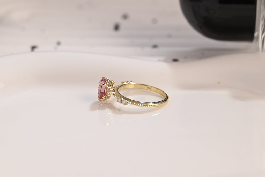 Solid Gold Milgrain Heart Cut Pink Moissanite Engagement Ring, Vintage Promise Ring, Proposal Ring, Wedding Ring, Birthday Gift for Women