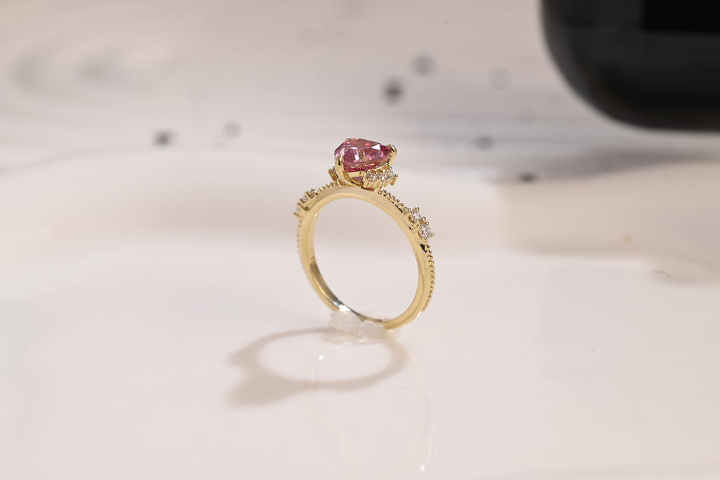 Solid Gold Milgrain Heart Cut Pink Moissanite Engagement Ring, Vintage Promise Ring, Proposal Ring, Wedding Ring, Birthday Gift for Women