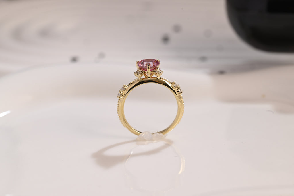 Solid Gold Milgrain Heart Cut Pink Moissanite Engagement Ring, Vintage Promise Ring, Proposal Ring, Wedding Ring, Birthday Gift for Women