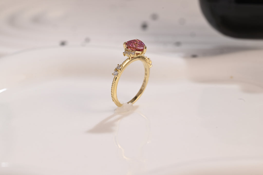 Solid Gold Milgrain Heart Cut Pink Moissanite Engagement Ring, Vintage Promise Ring, Proposal Ring, Wedding Ring, Birthday Gift for Women