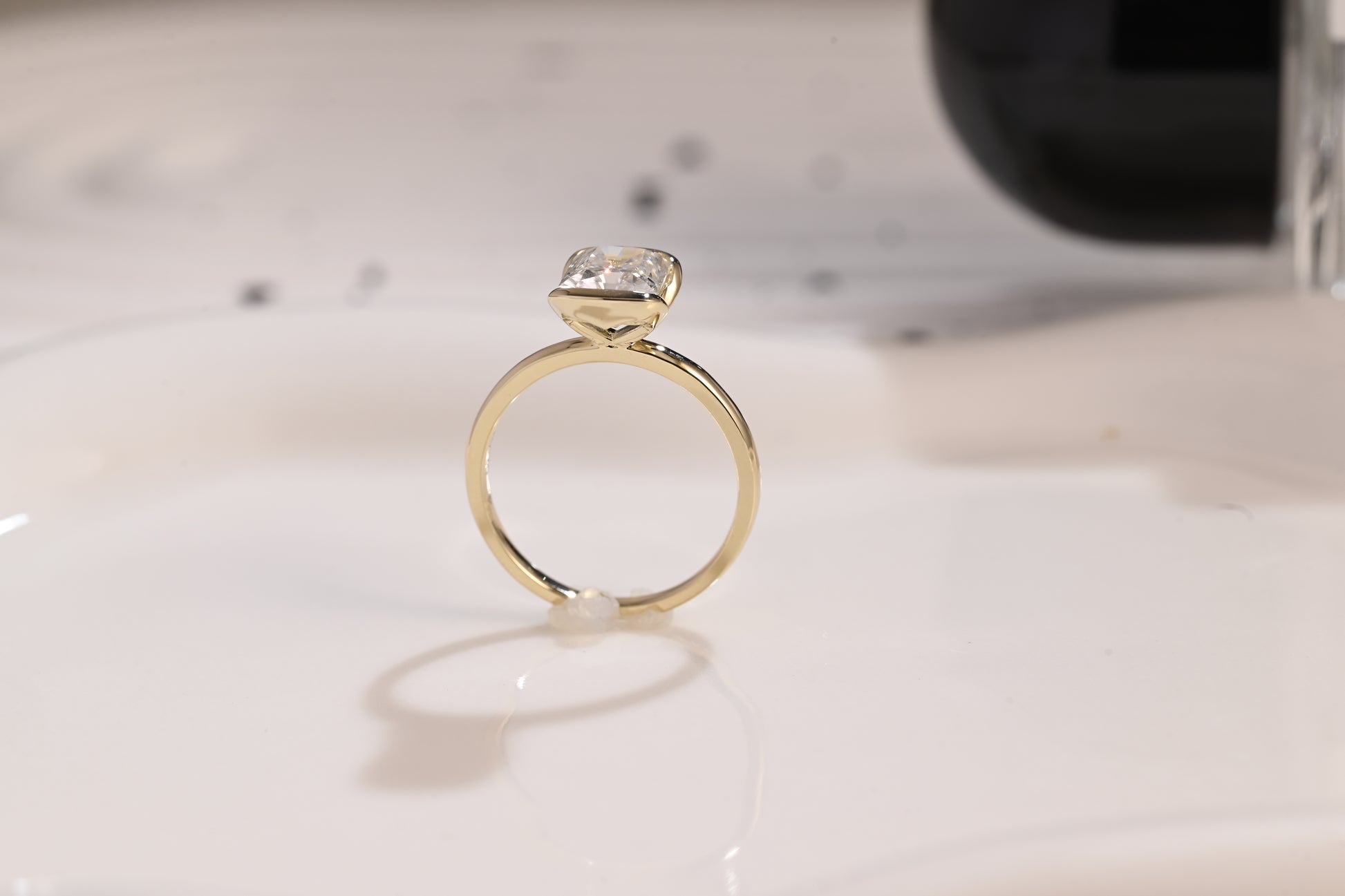 Solid Gold Half Bezel Radiant Cut Moissanite Engagement Ring, Solitaire Promise Ring, Proposal Ring, Wedding Ring, Birthday Gift for Wife