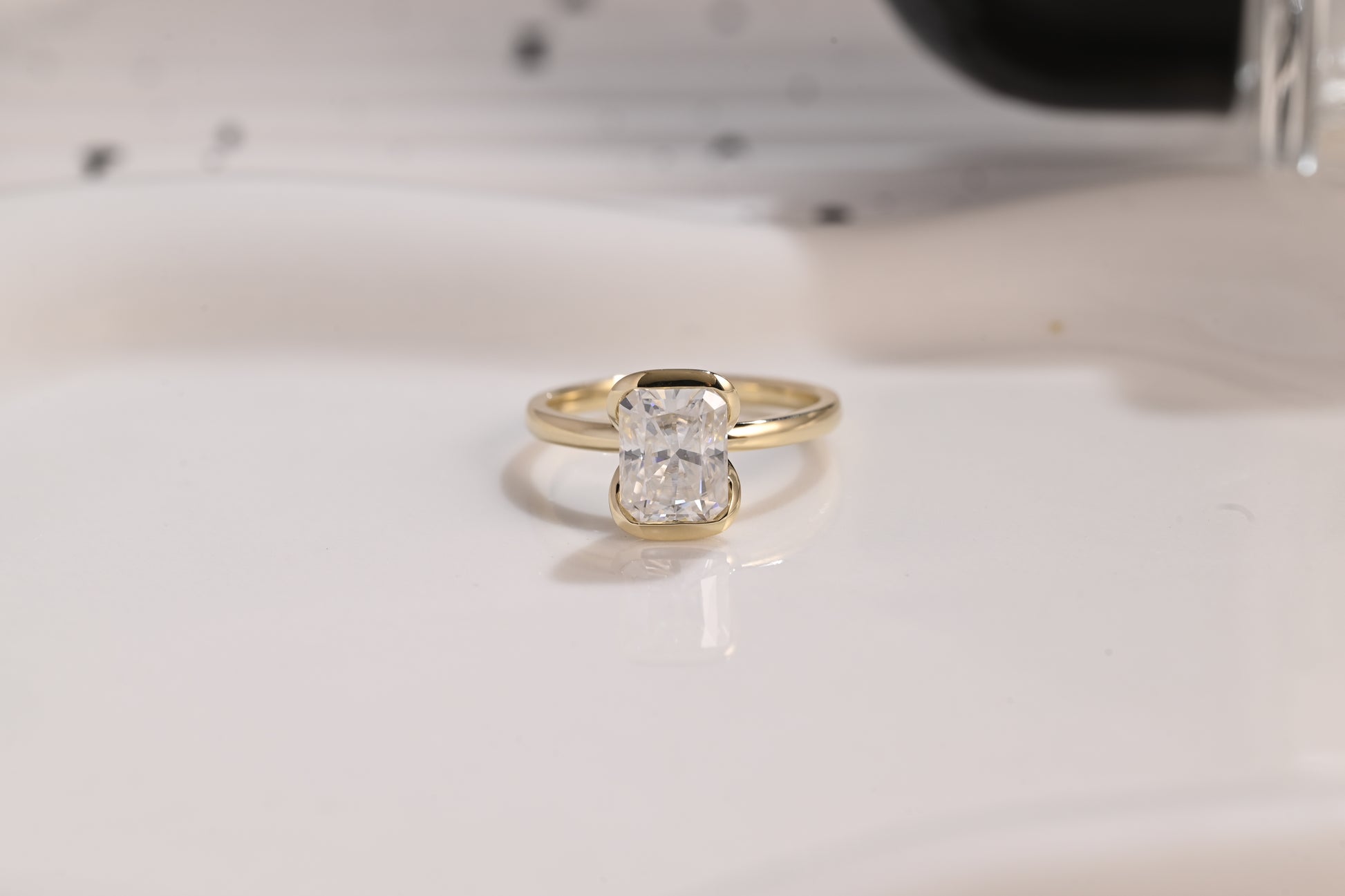 Solid Gold Half Bezel Radiant Cut Moissanite Engagement Ring, Solitaire Promise Ring, Proposal Ring, Wedding Ring, Birthday Gift for Wife