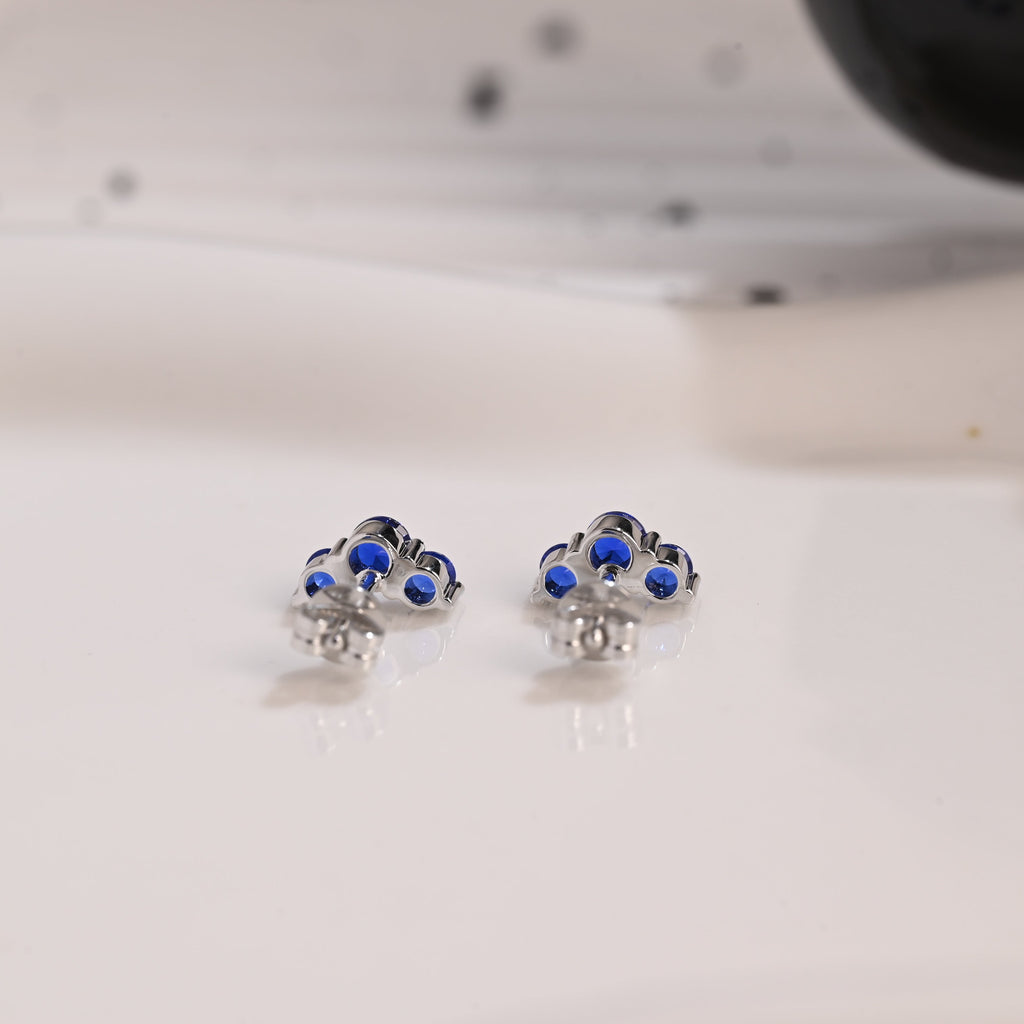 Solid Gold Round Cut Blue Sapphire Earrings Studs