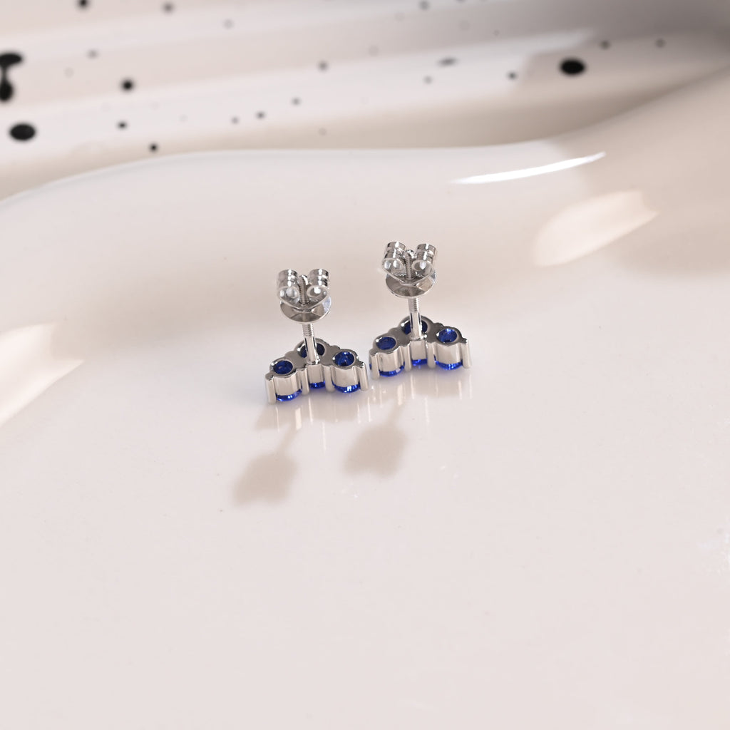 Solid Gold Round Cut Blue Sapphire Earrings Studs