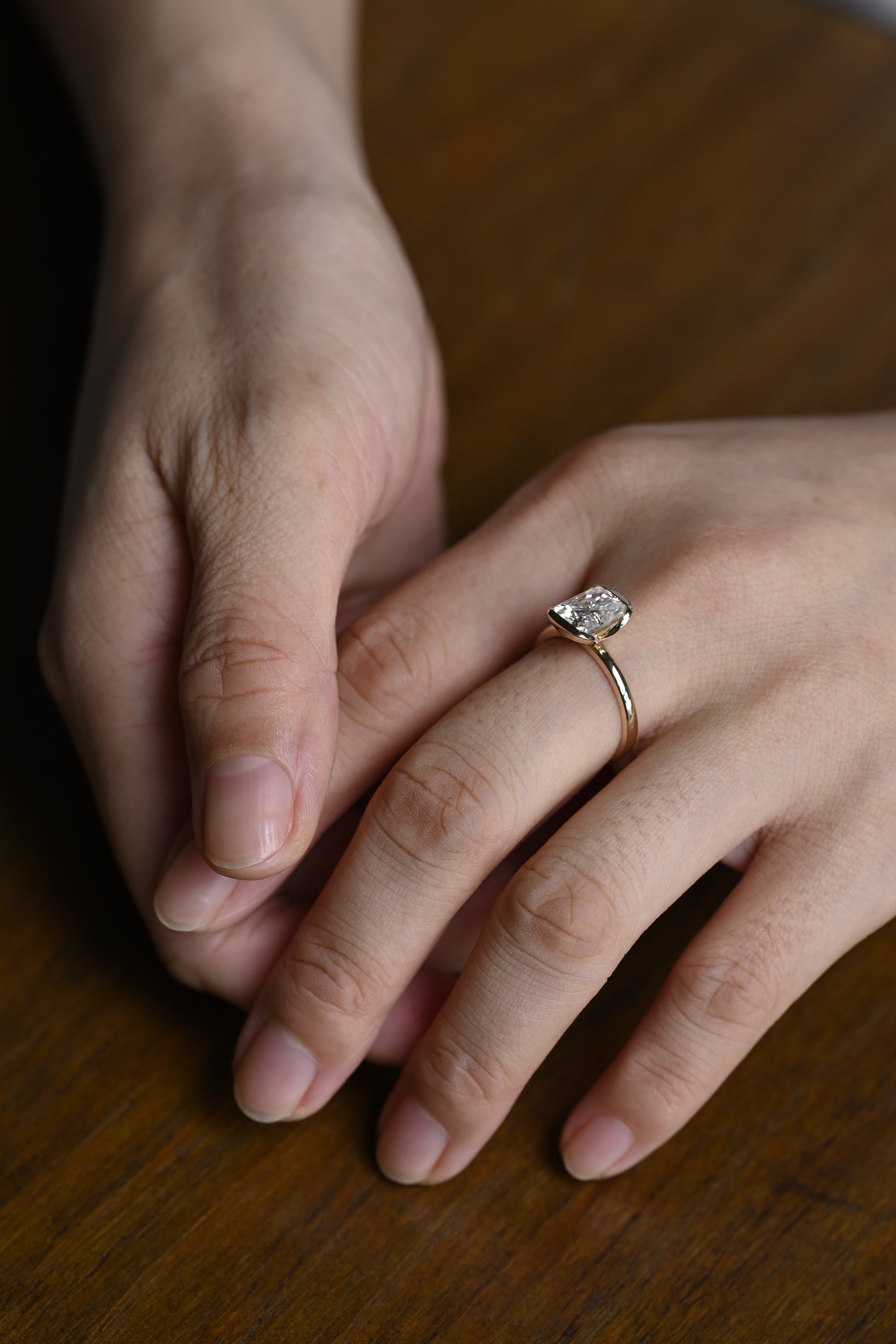 Solid Gold Half Bezel Radiant Cut Moissanite Engagement Ring, Solitaire Promise Ring, Proposal Ring, Wedding Ring, Birthday Gift for Wife