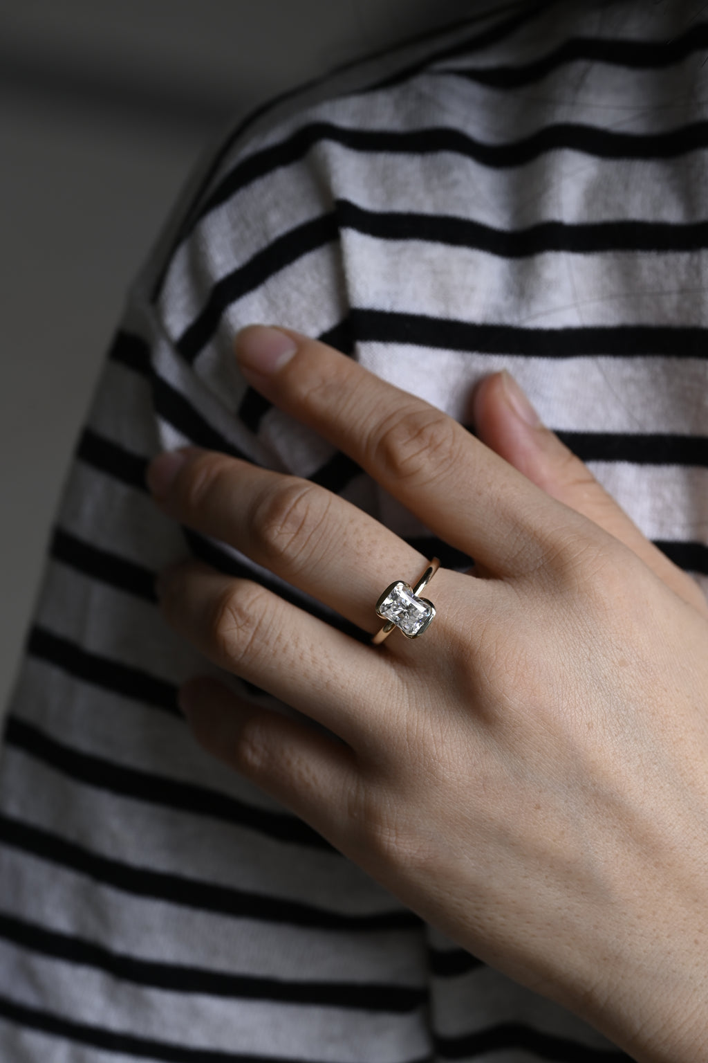 Solid Gold Half Bezel Radiant Cut Moissanite Engagement Ring, Solitaire Promise Ring, Proposal Ring, Wedding Ring, Birthday Gift for Wife