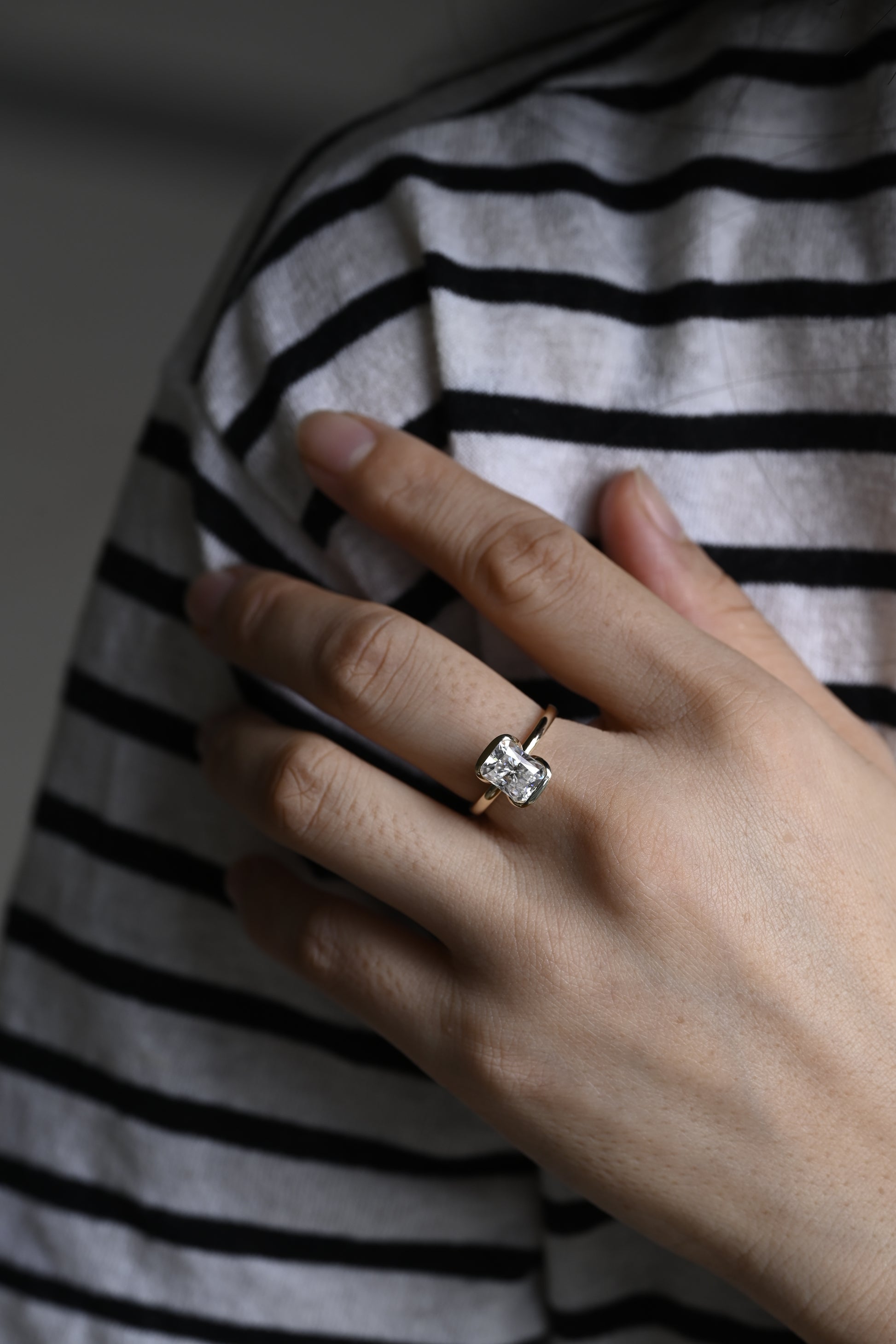 Solid Gold Half Bezel Radiant Cut Moissanite Engagement Ring, Solitaire Promise Ring, Proposal Ring, Wedding Ring, Birthday Gift for Wife