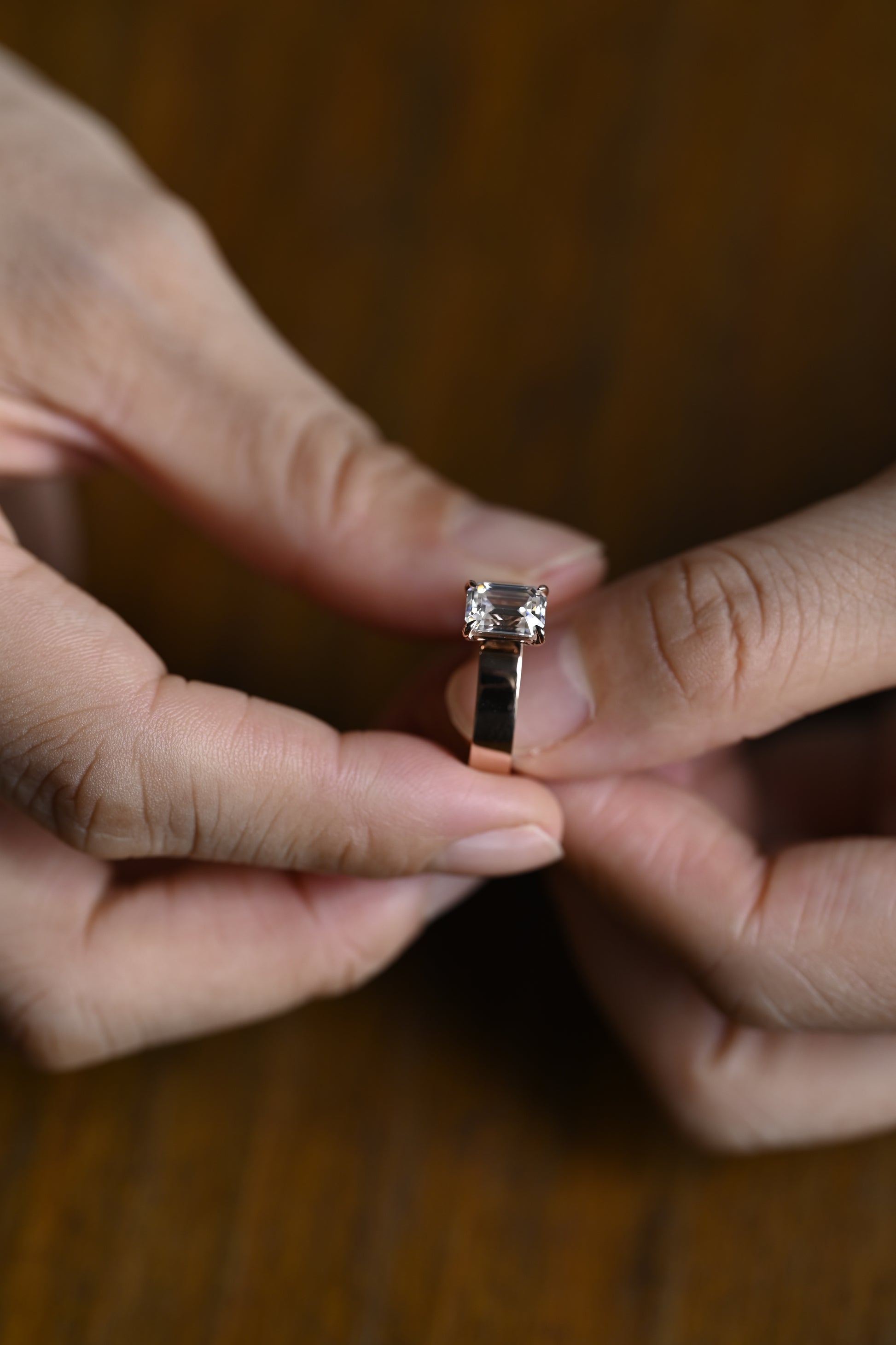Solid Gold 4mm Width Solitaire Emerald Cut Moissanite Engagement Ring