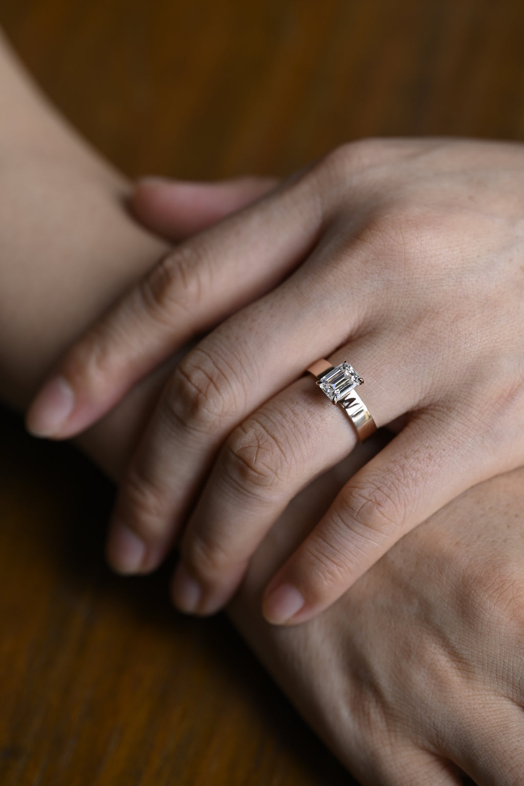 Solid Gold 4mm Width Solitaire Emerald Cut Moissanite Engagement Ring
