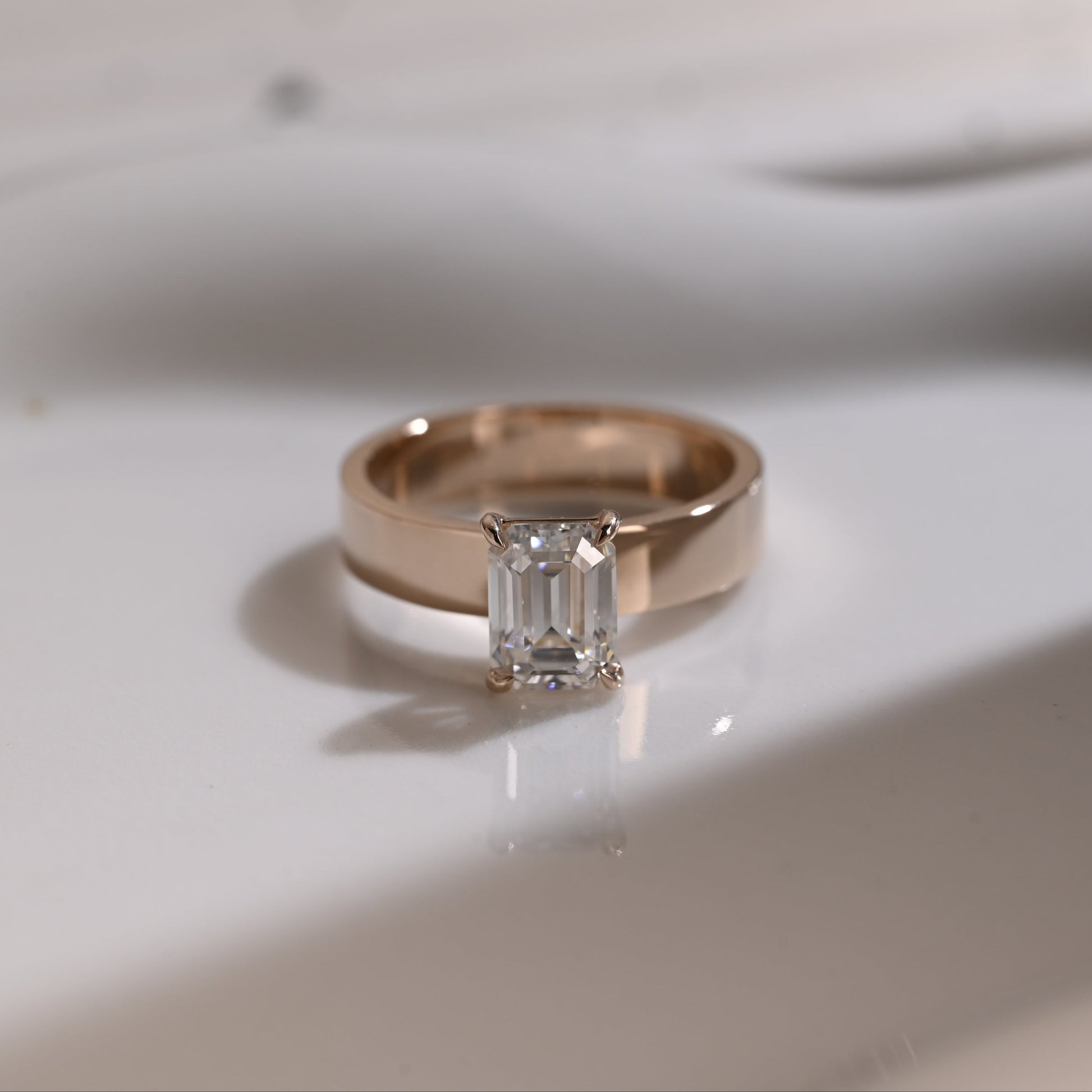 Solid Gold 4mm Width Solitaire Emerald Cut Moissanite Engagement Ring