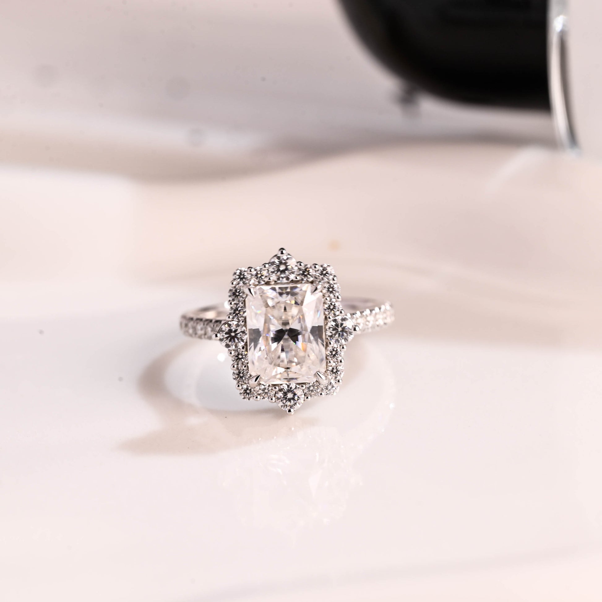 Solid Gold Halo Pave Radiant Moissanite Engagement Ring