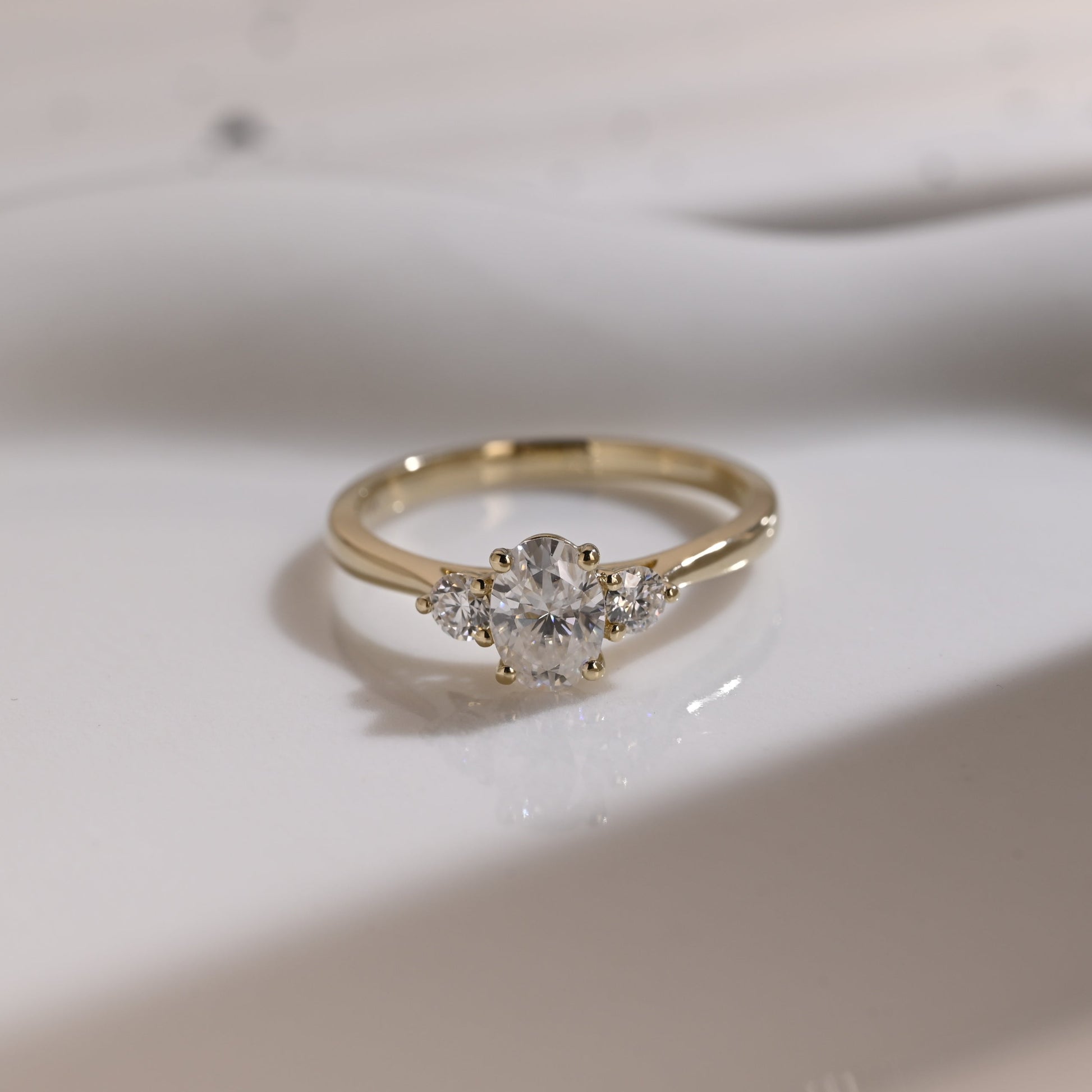 Solid Gold Three Stone Oval Cut Moissanite Engagement Ring