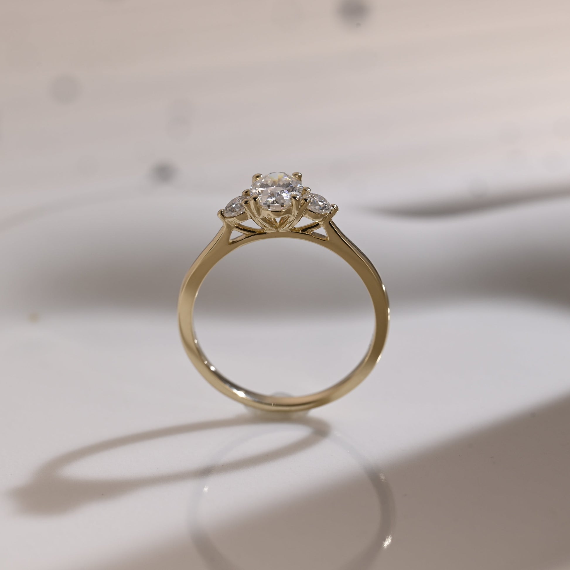 Solid Gold Three Stone Oval Cut Moissanite Engagement Ring