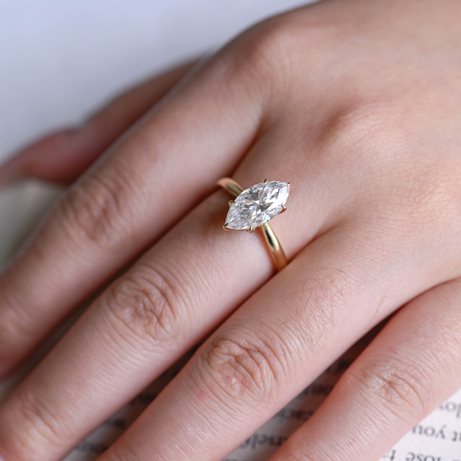 Solid Gold Solitaire Tulip Setting Marquise Cut Moissanite Engagement Ring