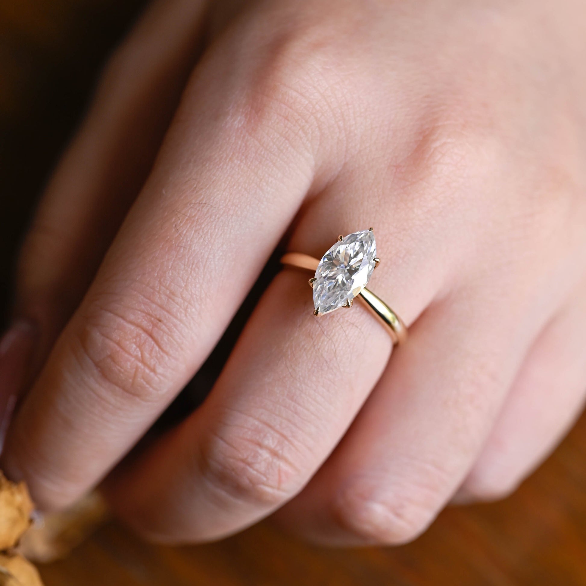 Solid Gold Solitaire Tulip Setting Marquise Cut Moissanite Engagement Ring