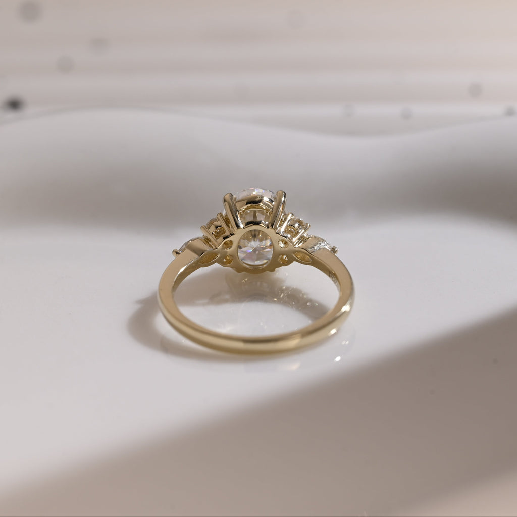 Solid Gold Side Cluster Oval Cut Moissanite Engagement Ring