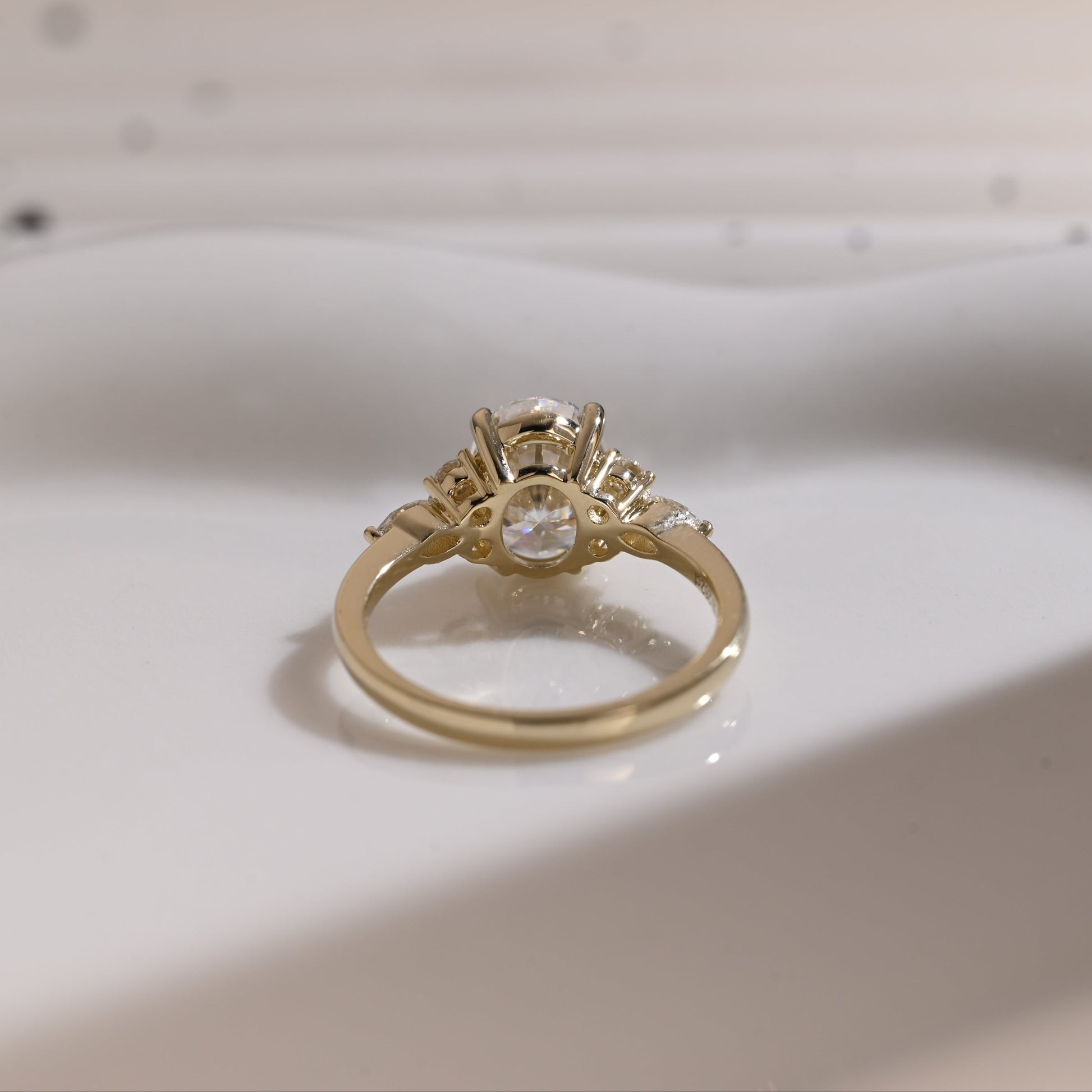 Solid Gold Side Cluster Oval Cut Moissanite Engagement Ring